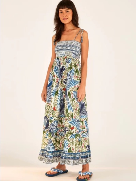 Farm Rio Macaw Flight Smocked Maxi Dress Size Xl Blue White Excellent Bird Print